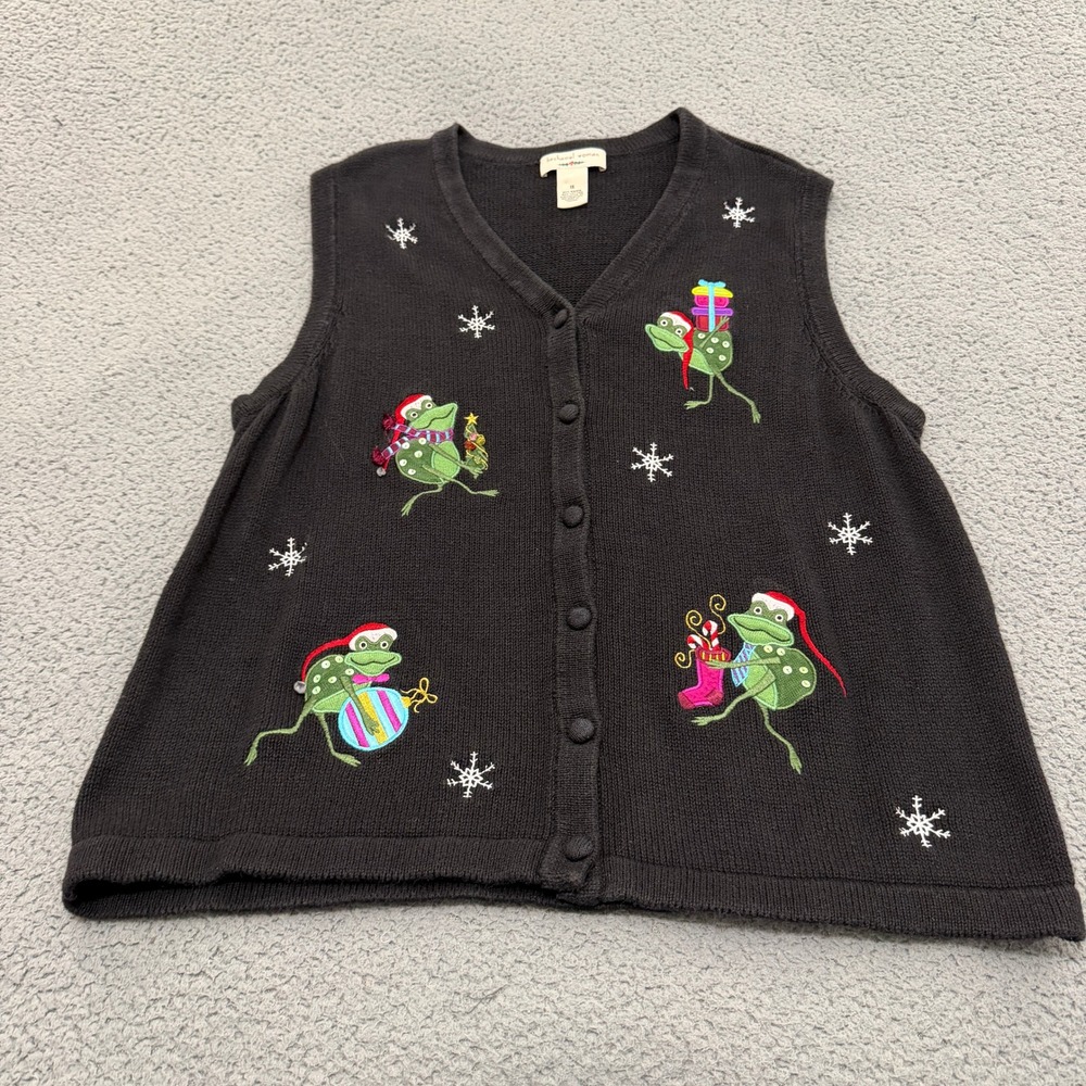 Bechamel Christmas Sweater Vest Woman 1X Black Frog Embroidered Sequin V-Neck